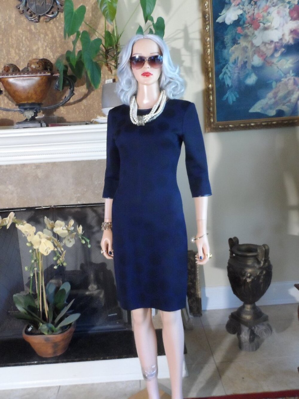 New St. John Navy Blue Polka Dot Knit Sheath Dress Size 2 Leather Trim